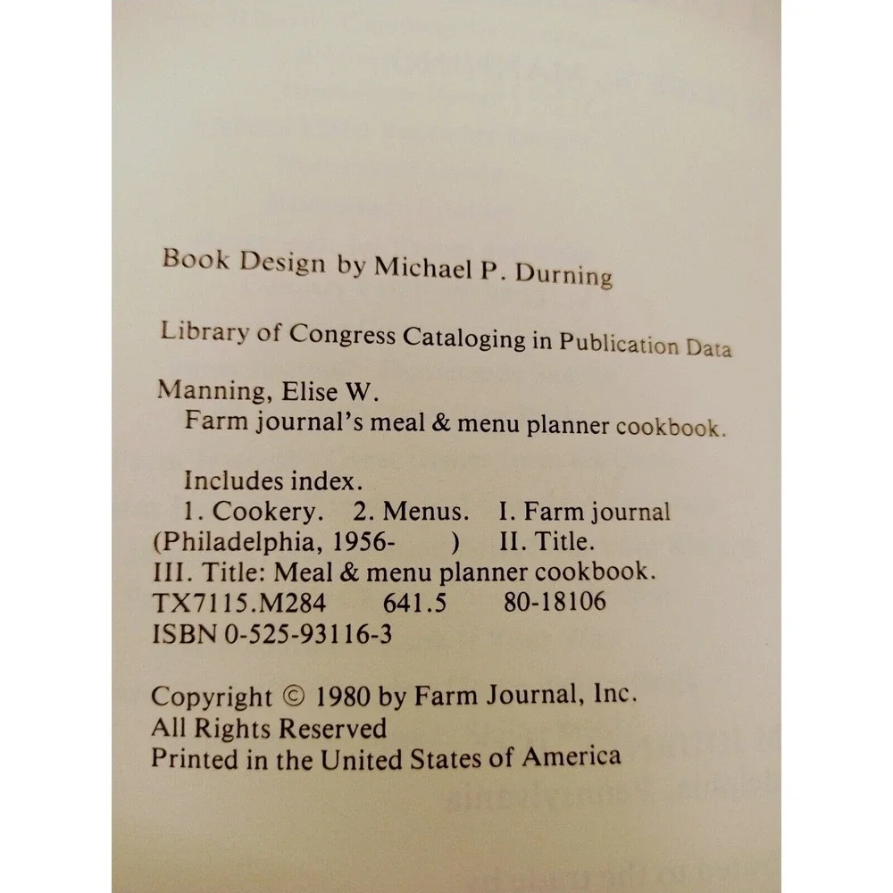 Farm Journal's Meal and Menu Planner Cookbook‎ 1980 Elise Manning Vintage HCDJ